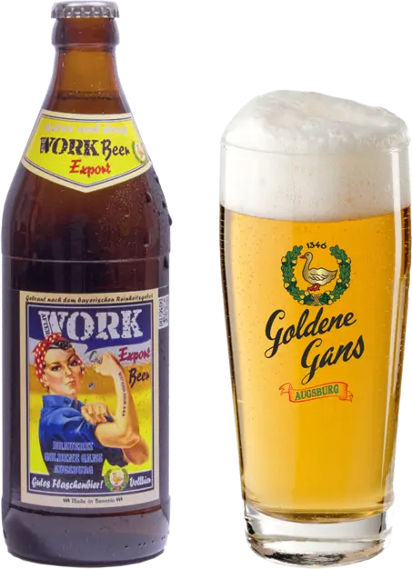 Ein Bild der Flasche und eines Glases des WORK-Beers